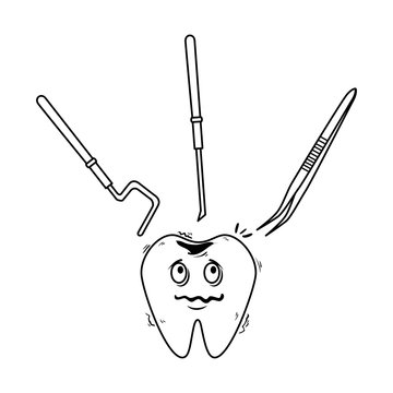 comic tooth with dentist tools kawaii character