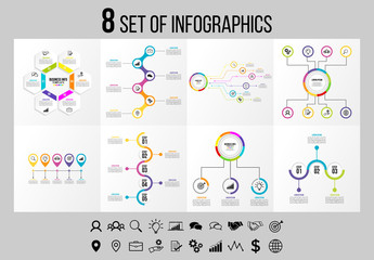 Set Of 8 Infographics Elements Vector Design Template. Business Data Visualization Infographics Timeline with Marketing Icons most useful can be used for workflow, presentation, diagrams, reports