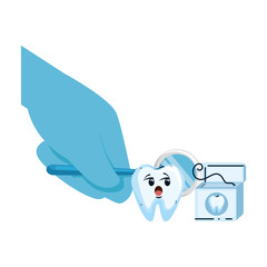 comic teeth with dentist hand using mirror