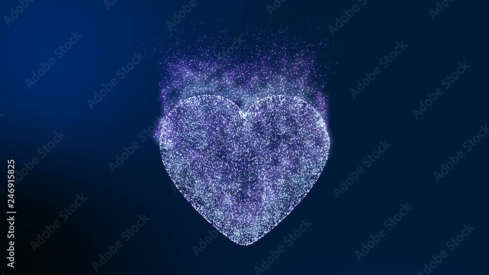 Poster blue background, digital signature with sparkling heart shape particles.