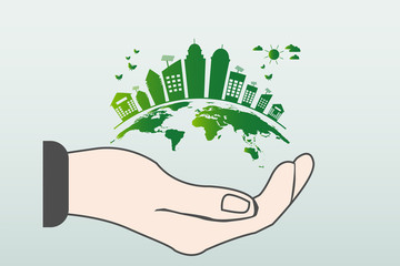 The world in your hands ecology concept.Green cities help the world with eco-friendly concept idea.with globe and tree background.vector illustration