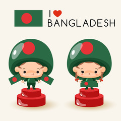 Boy and girl wearing national hat and holding national flags : Bangladesh : Vector Illustration