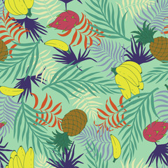 Obraz premium Tropical background with palm leaves and fruits. Seamless floral pattern. Summer vector illustration. Flat jungle print