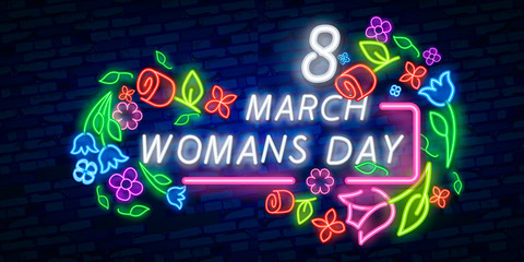 8 march neon. Glowing neon banner of world womans day on dark brick wall background. Spring greeting card. Neon word WOMANS DAY. Realistic neon sign.