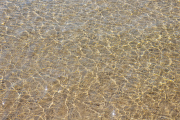 Fototapeta na wymiar Sea water surface reflected sunlight on sand beach texture. Perfect for background.