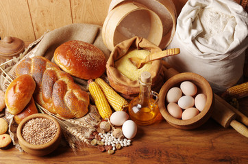 Bakery products, cornmeal, corncobs, eggs