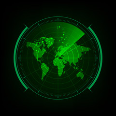 Radar screen with futuristic user interface and digital world map Vector illustration.