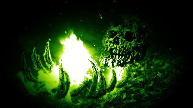 Burning human bones animation. Scary fire. Green background color.