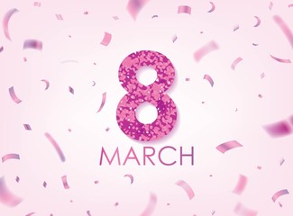 Purple 8 March with Scattered Purple Confettis. International Women's Day Vector Design.