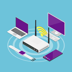 Isometric electronic devices connected to a Wi–Fi router - obrazy, fototapety, plakaty