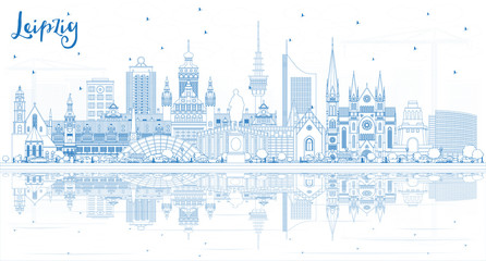 Naklejka premium Outline Leipzig Germany City Skyline with Blue Buildings and Reflections.
