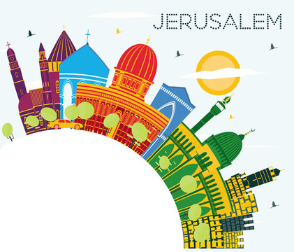 Jerusalem Israel Skyline with Color Buildings, Blue Sky and Copy Space.