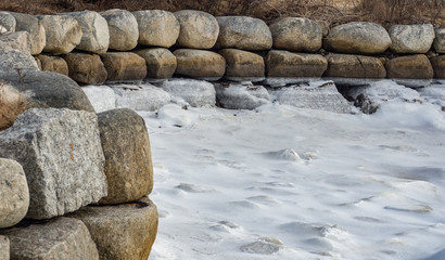 Fototapeta na wymiar wall of stones in water with ice