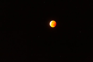 The full Lunar Eclipse in January of 2019 shows the moon in full eclipse and pictures a orangey, red moon glowing in the sky with a section on the edge with whiteish light from the glow of the sun. 