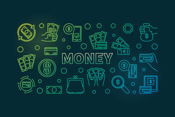 Money colorful banner made with cash, credit card, banknote outline icons. Vector illustration on dark background
