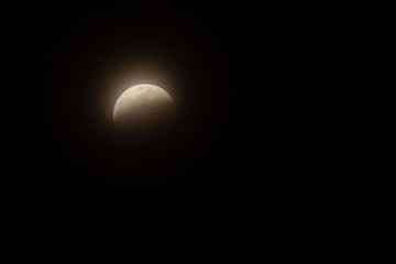 Full Lunar Eclipse in January 2019 is pictured in various stages of the eclipse. The bright white moon turns dark and black and eventually a yellowish orange that glows in the dark night sky