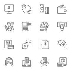Credit Card and Payments concept outline icons set. Vector Money and Bank Card symbols in thin line style