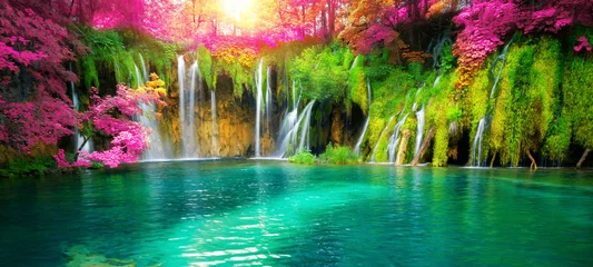 Poster Exotisch waterval- en meerlandschap van Nationaal Park Plitvicemeren, UNESCO-werelderfgoed en beroemde reisbestemming van Kroatië. De meren bevinden zich in centraal Kroatië (eigenlijk Kroatië). © Summit Art Creations