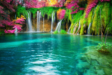 Exotic waterfall and lake landscape of Plitvice Lakes National Park, UNESCO natural world heritage...