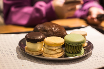 Plate of colorful French macaroons