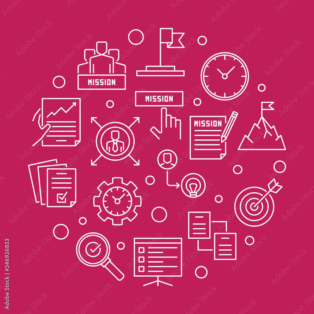 Poster mission vector round concept simple illustration in outine style on red background