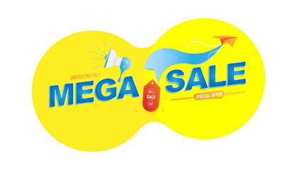 Mega Sale 50% banner template design. Loudspeaker and paper airplane with special offer. Flat vector illustration EPS 10.