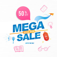 Mega Sale 50% banner template design with doodle icons. Loudspeaker and paper airplane with special offer. Vector illustration.