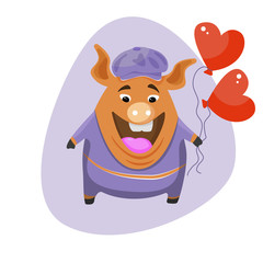 A cute cartoon pig holding a balloon in the shape of a heart.