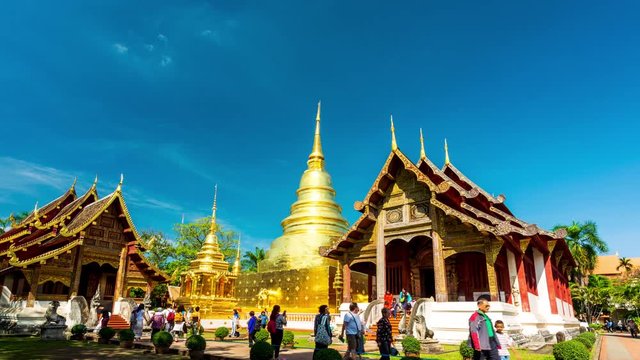 Time Lapse Video Wat Phra Singh landmark in Chiang Mai is a Lanna style temple. It is the main temple of Chiang Mai and is a popular tourist attraction for tourists visiting in travel concept.