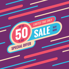 Sale discount up to 50% off - concept banner vector illustration. Special offer abstract layout. Buy now. Graphic design poster. 
