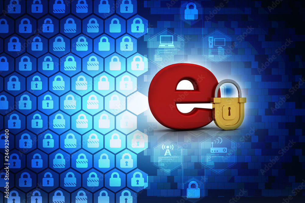Poster 3d rendering e-mail symbol with lock. internet security concept
