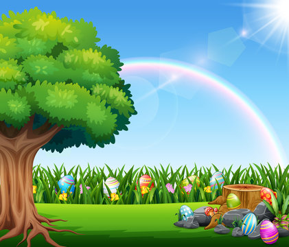 Happy easter nature background with rainbow