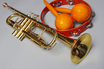Trumpet, maracas, tambourine. Musical instruments