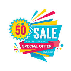 Sale discount up to 50% - concept banner vector illustration. Special offer abstract layout in origami style on white background. Graphic design sticker. 