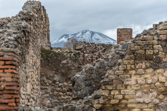 Ruins of Ancient Pompeii Italy and Mt. Vesuvius with Snow
