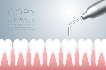Dental handpieces instrument with tooth and gum, illustration 3D virtual design isolated on grey gradients background, with copy space, vector eps 10