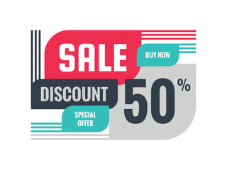 Sale - discount 50% concept banner vector illustration. Special offer creative geometric promotion layout. Buy now. Abstract composition. Graphic design sticker. 