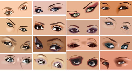 Eyes Makeup Set - Big Collection of Woman Faces with 16 Illustrations, Vector