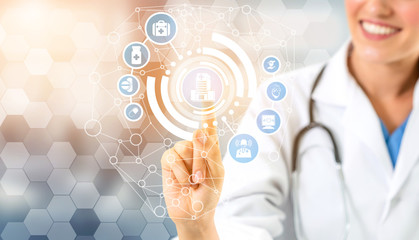 Medical Healthcare Concept - Doctor in hospital with digital medical icons graphic banner showing...
