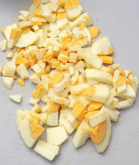 Cutting boiled eggs in the kitchen