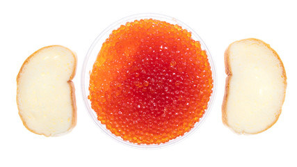 Red caviar with bread on a white background