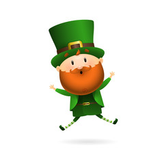 Bearded leprechaun jumping. Happy Irish man in green costume and hat floating in air. Can be used for topics like Saint Patrick day, Ireland, holiday