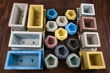 close up  painted concrete pots,  trendy element of  modern interior design