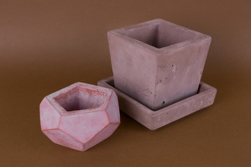 close up  painted concrete pots,  trendy element of  modern interior design