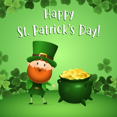 Happy St Patricks Day lettering with Leprechaun and pot of gold. Saint Patricks Day greeting card. Typed text, calligraphy. For leaflets, brochures, invitations, posters or banners.
