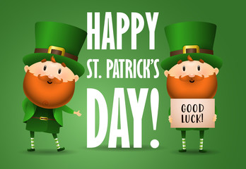 Happy Saint Patricks Day  invitation design. Inscription with two Irish elves on green background. Can be used for postcards, invitations, greeting cards