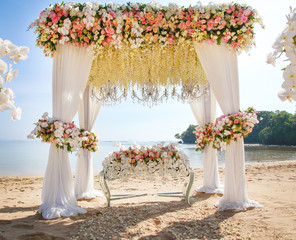 Wedding set up on beach. Tropical outdoor wedding party on beach
