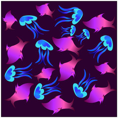 Wild sea life pattern with neon effect.