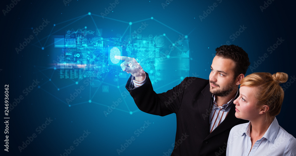 Poster man and woman accessing modern hologram personal database with fingerprint identification