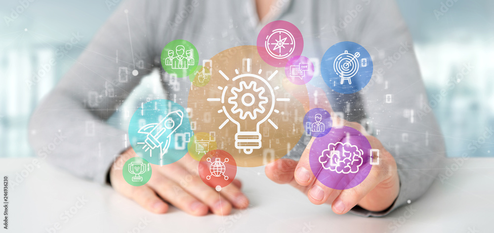Poster cloud of colorfull start up icon bubble with data businessman holding a binary 3d rendering